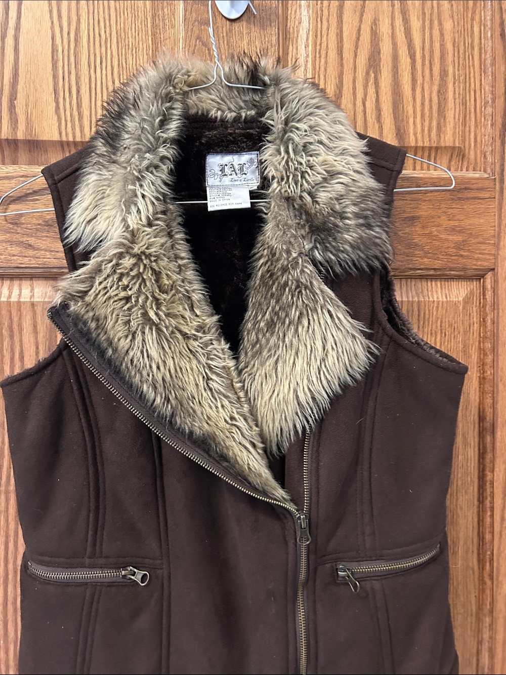 Live a Little Dark Brown Faux Fur Collar Zip Vest image 3